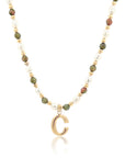 Epidote & Pearl Initial Necklace Gold A-Z
