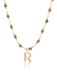 Epidote & Pearl Initial Necklace Gold A-Z