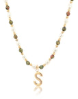 Epidote & Pearl Initial Necklace Gold A-Z
