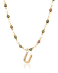 Epidote & Pearl Initial Necklace Gold A-Z