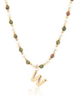 Epidote & Pearl Initial Necklace Gold A-Z
