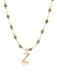 Epidote & Pearl Initial Necklace Gold A-Z