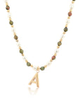 Epidote & Pearl Initial Necklace Gold A-Z