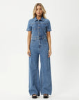 Miami Hemp Denim Flared Leg Jumpsuit Worn Blue