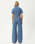 Miami Hemp Denim Flared Leg Jumpsuit Worn Blue