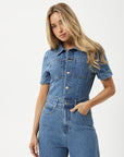 Miami Hemp Denim Flared Leg Jumpsuit Worn Blue