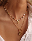 Epidote & Pearl Initial Necklace Gold A-Z