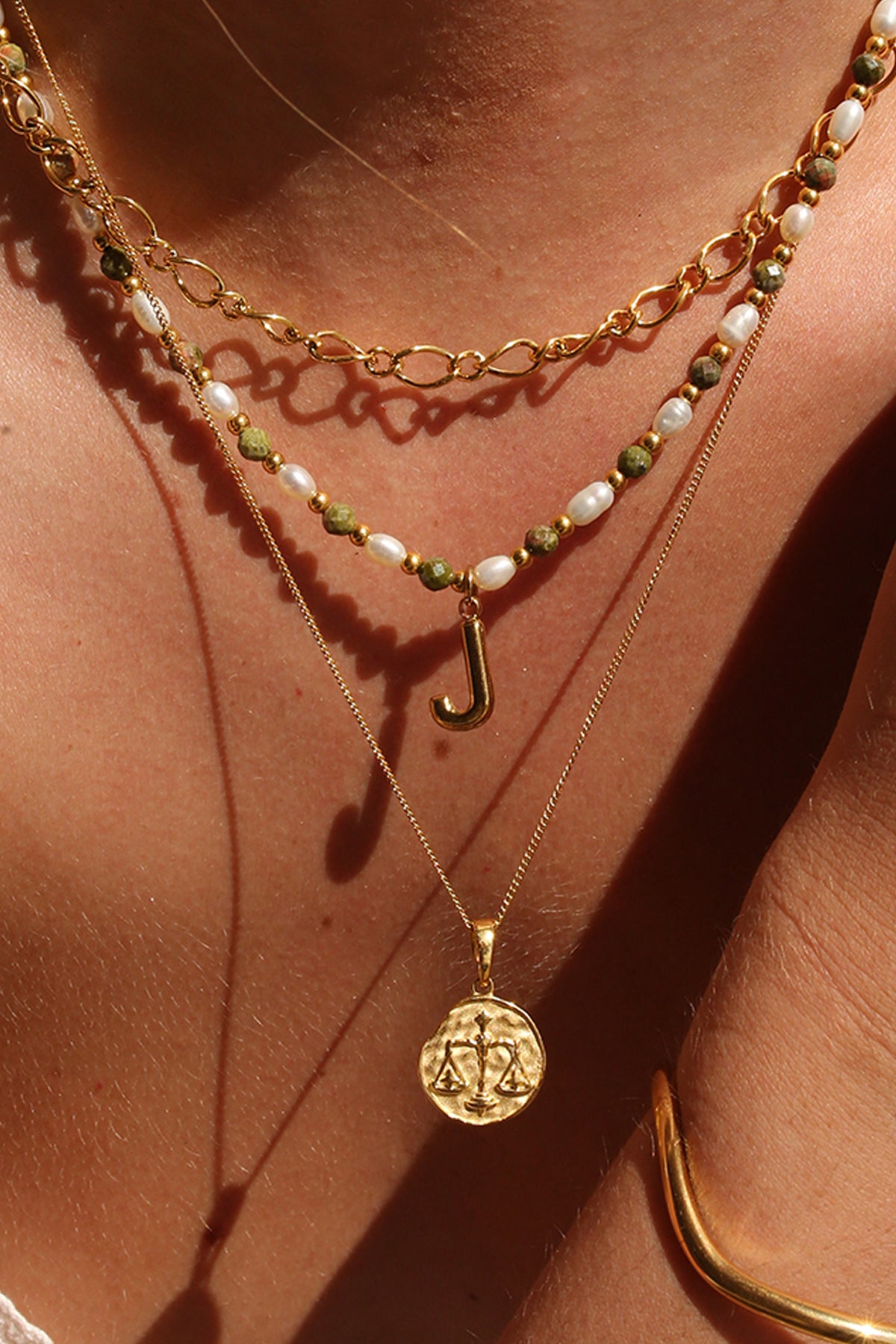The Epidote Initial &amp; Zodiac Stack Gold