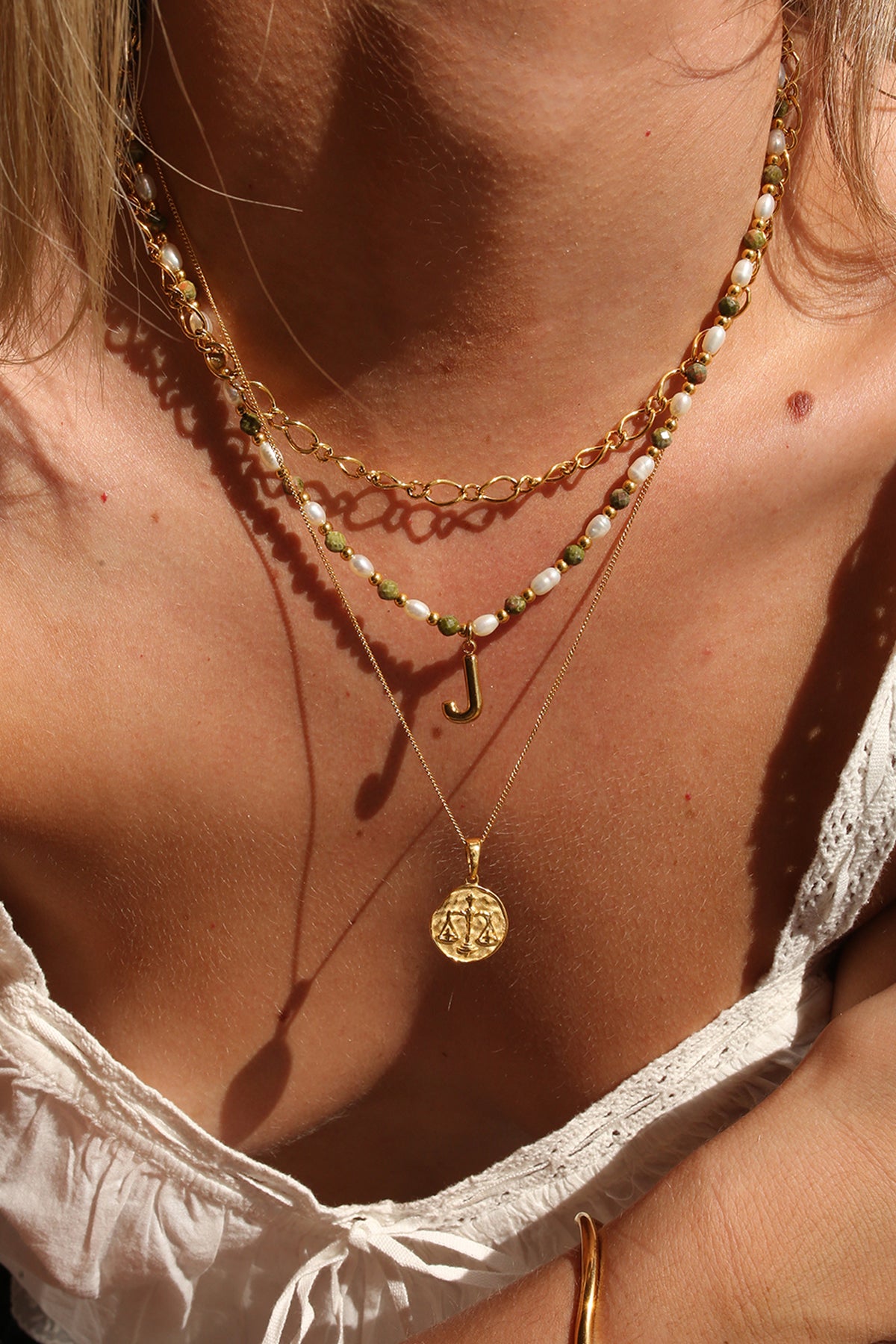 The Epidote Initial &amp; Zodiac Stack Gold