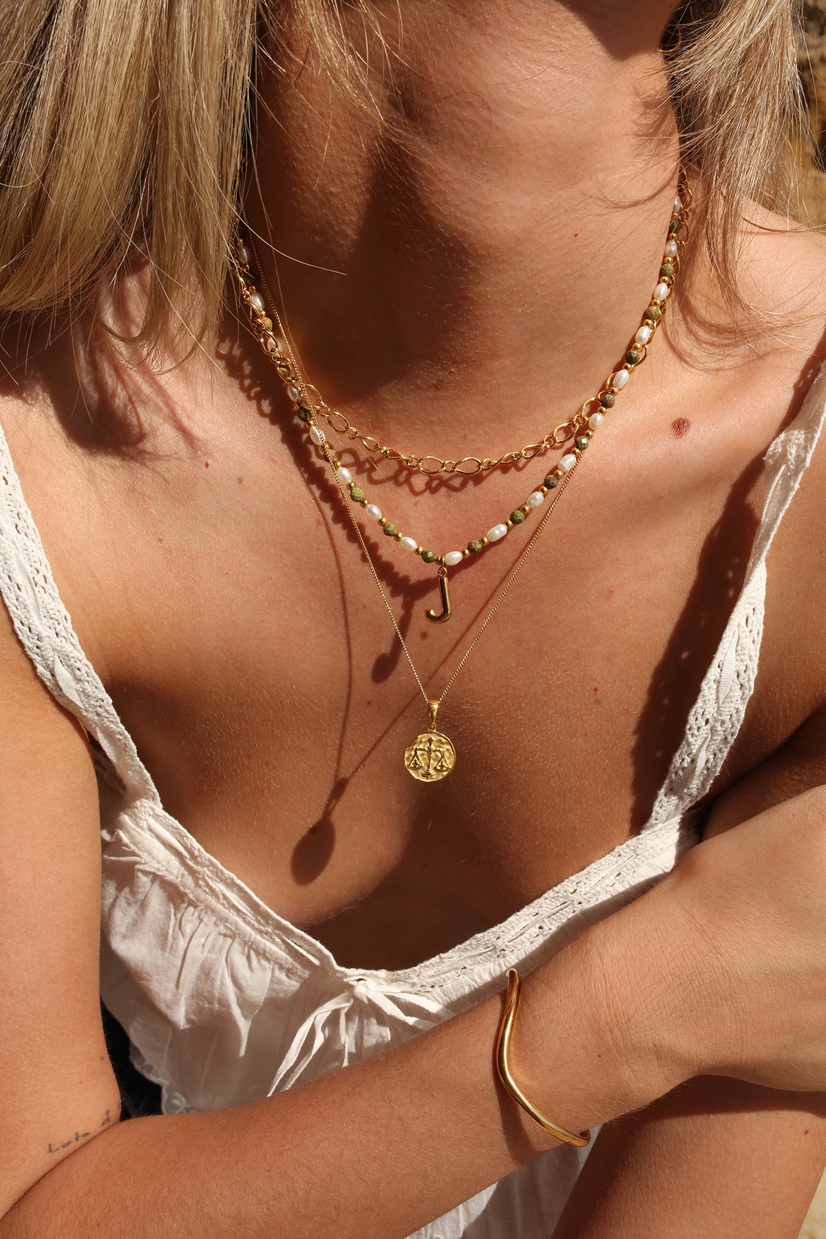 The Epidote Initial &amp; Zodiac Stack Gold