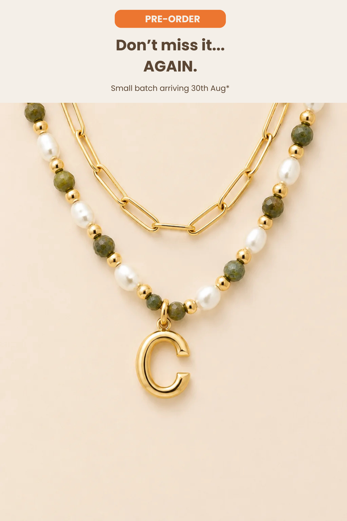 Epidote &amp; Pearl Initial Necklace Stack Gold