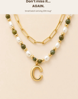 Epidote & Pearl Initial Necklace Stack Gold