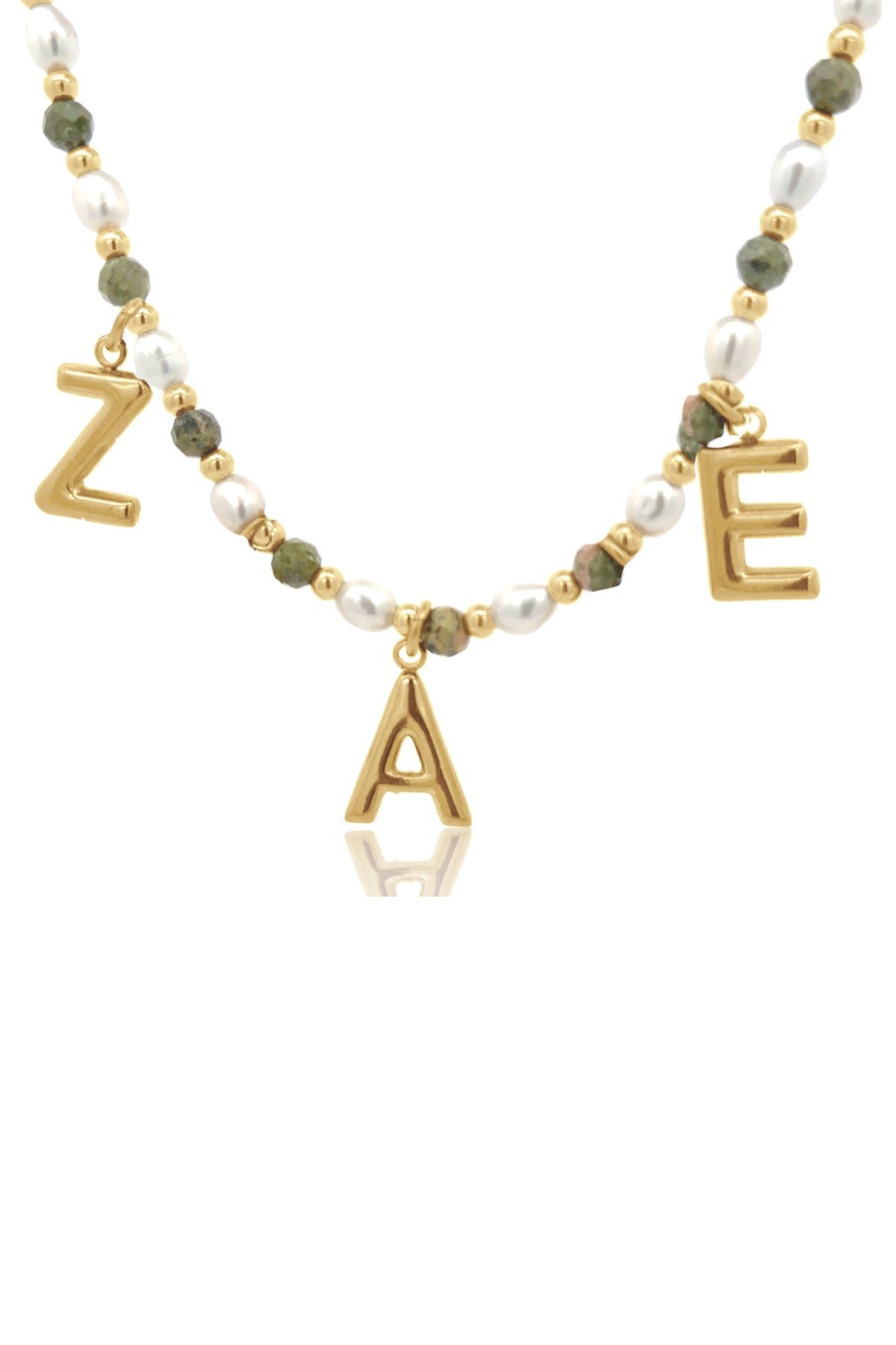 Epidote & Pearl 3 Initial Necklace Gold