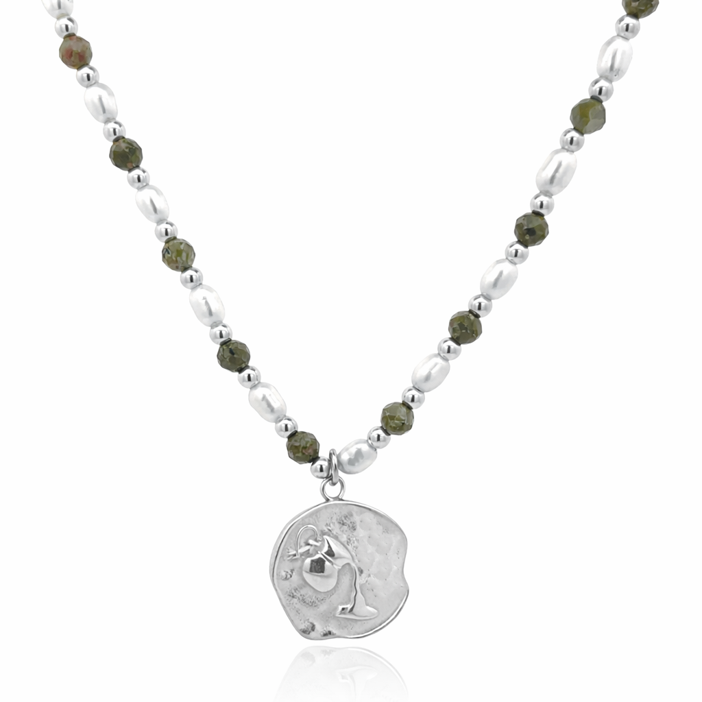 Epidote &amp; Pearl Zodiac Coin Necklace Silver
