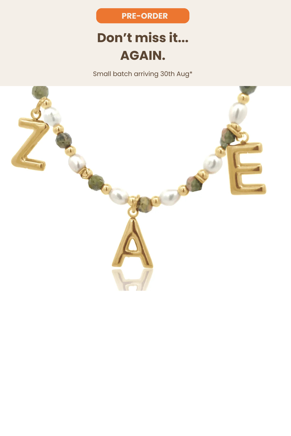 Epidote &amp; Pearl 3 Initial Necklace Gold