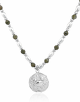 Epidote & Pearl Zodiac Coin Necklace Silver