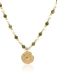 Epidote & Pearl Zodiac Coin Necklace Gold