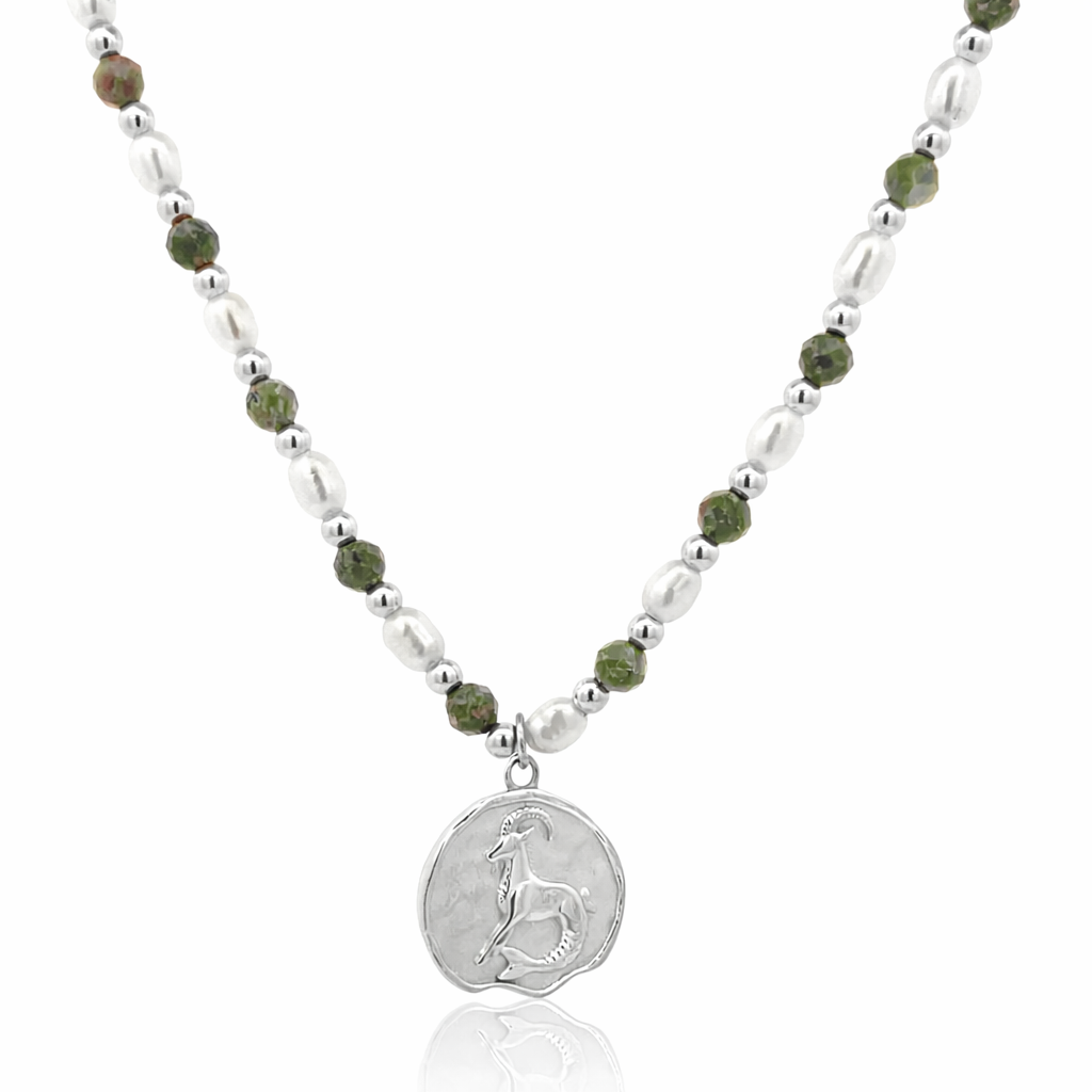 Epidote &amp; Pearl Zodiac Coin Necklace Silver