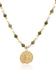 Epidote & Pearl Zodiac Coin Necklace Gold