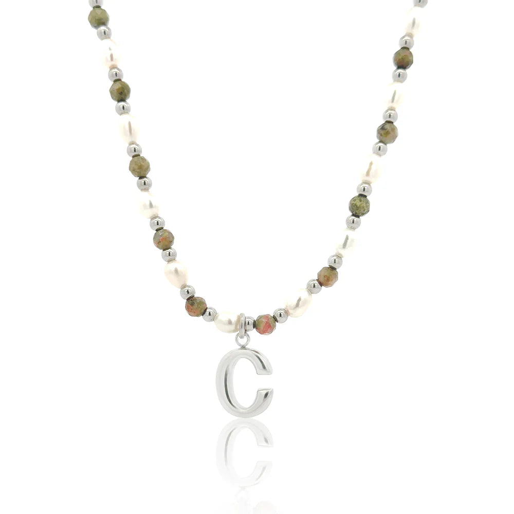 Epidote &amp; Pearl Initial Necklace Silver A-Z