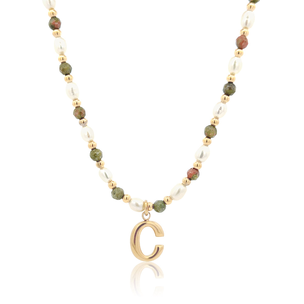 Epidote &amp; Pearl Initial Necklace Gold A-Z