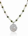 Epidote & Pearl Zodiac Coin Necklace Silver