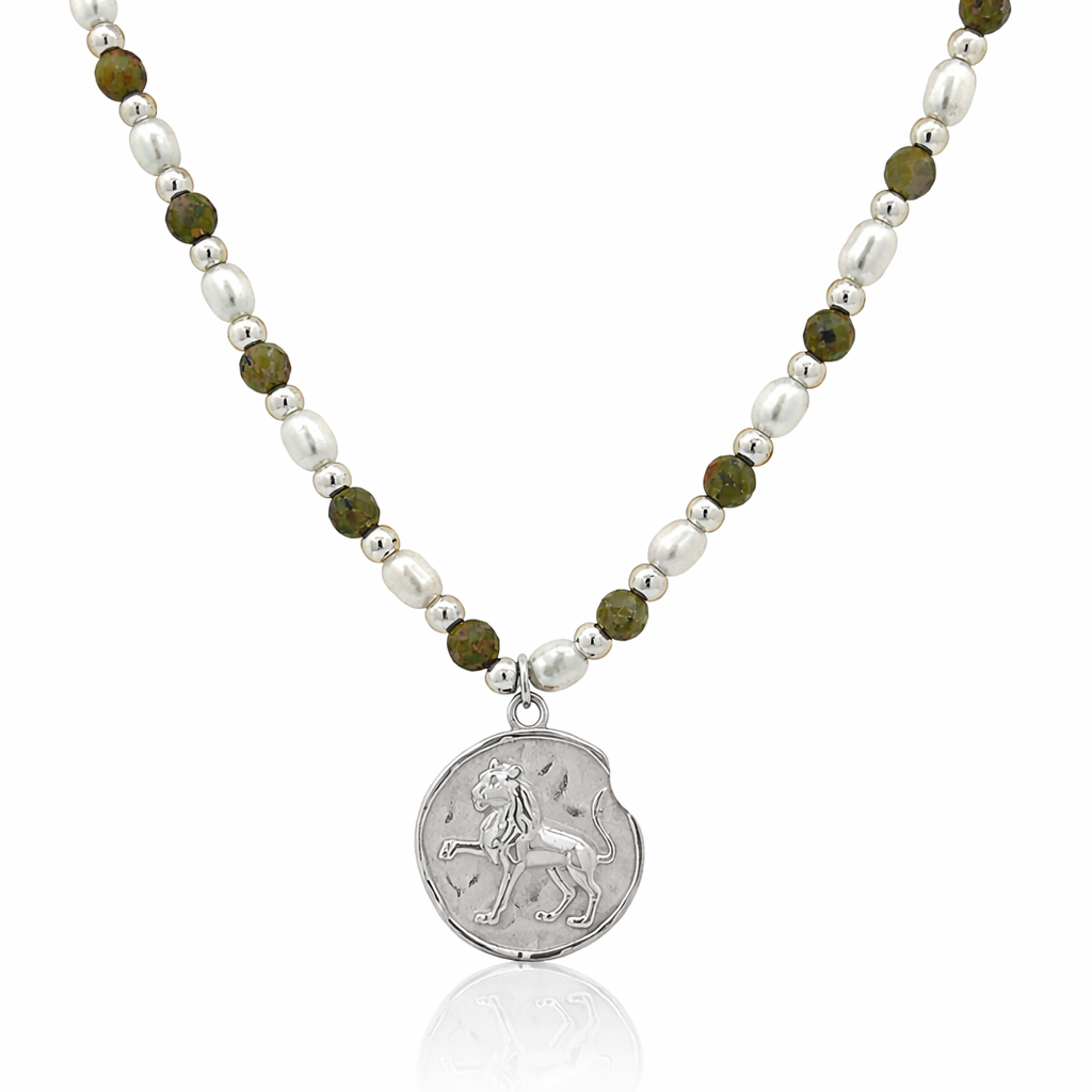 Epidote &amp; Pearl Zodiac Coin Necklace Silver