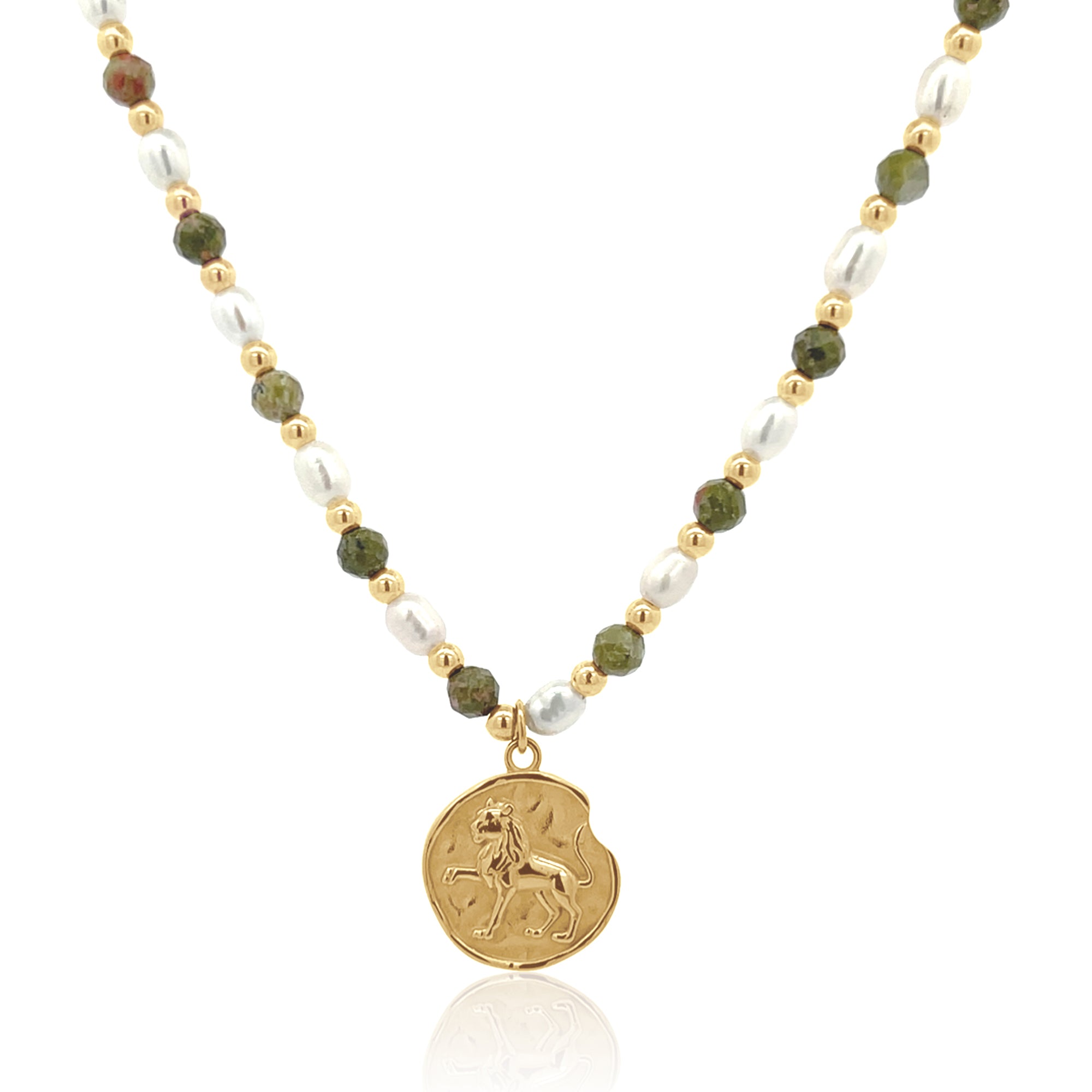 Epidote &amp; Pearl Zodiac Coin Necklace Gold