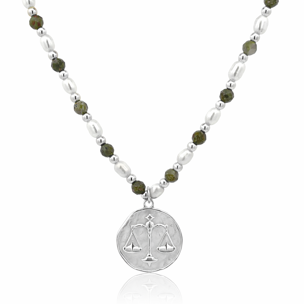 Epidote &amp; Pearl Zodiac Coin Necklace Silver