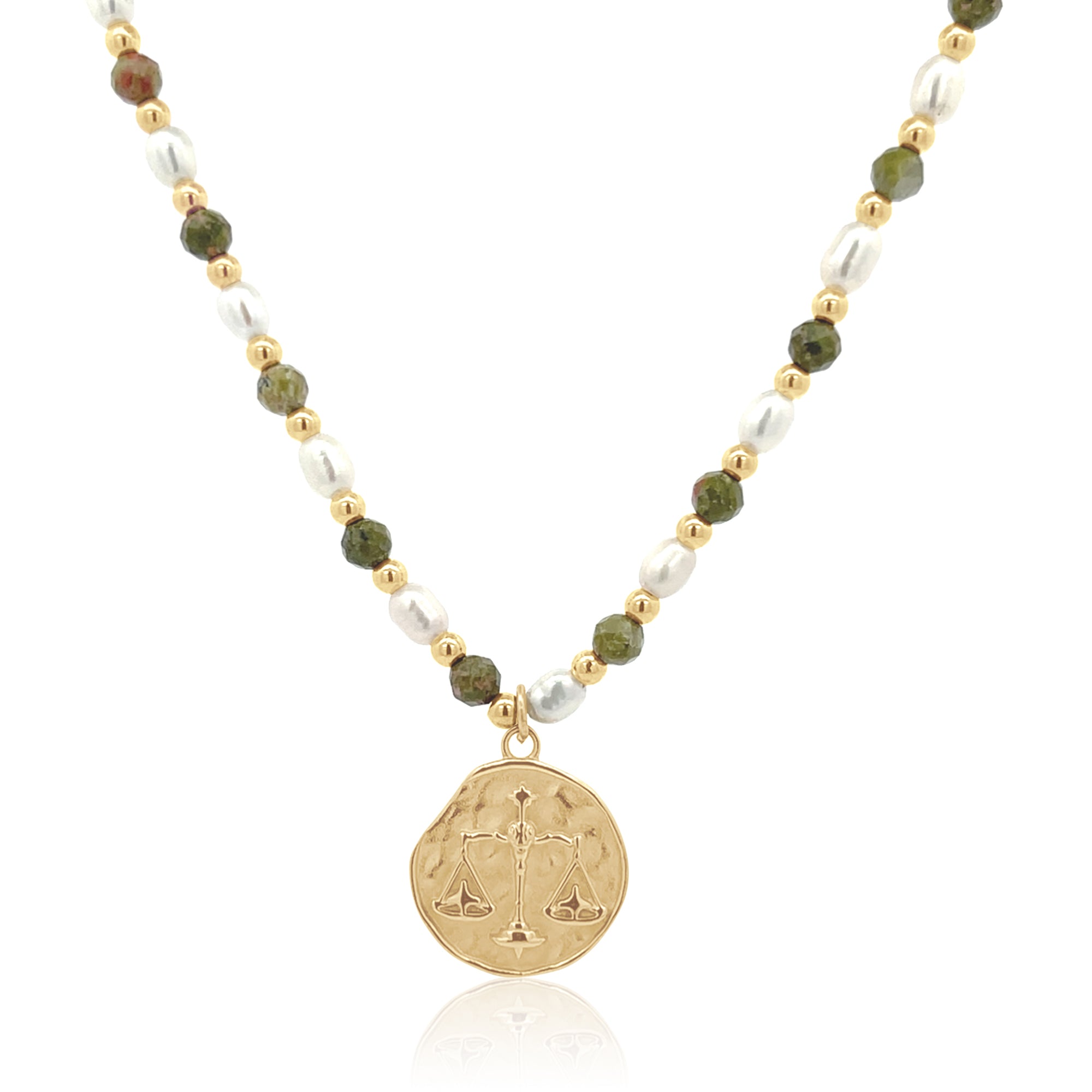 Epidote &amp; Pearl Zodiac Coin Necklace Gold
