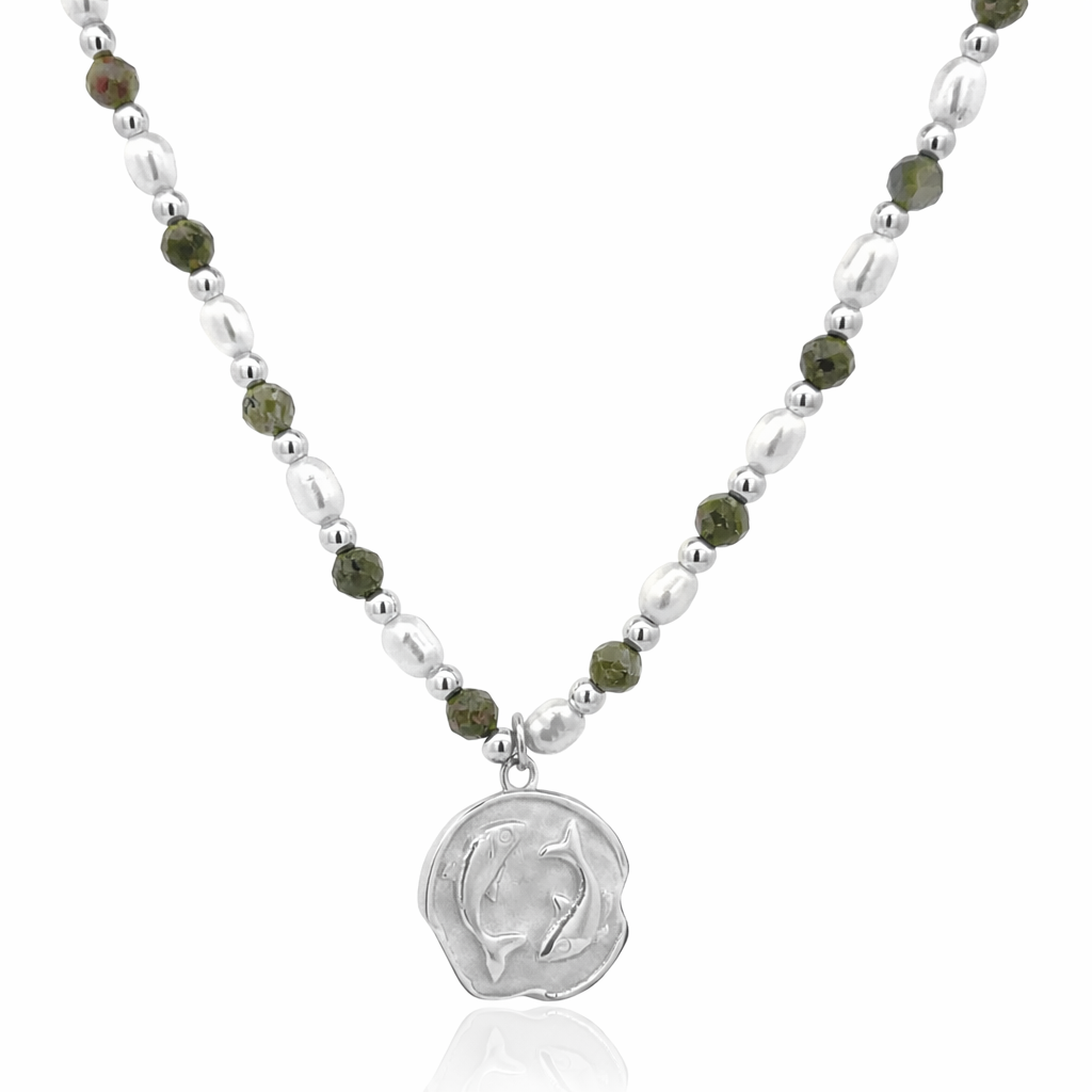 Epidote &amp; Pearl Zodiac Coin Necklace Silver