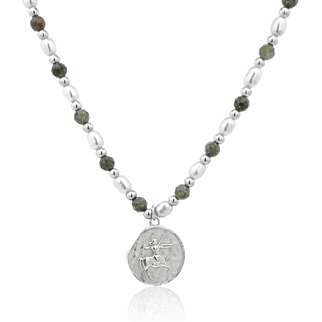 Epidote &amp; Pearl Zodiac Coin Necklace Silver