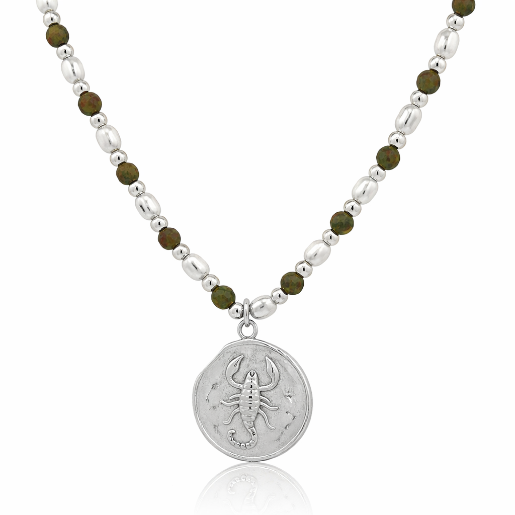 Epidote &amp; Pearl Zodiac Coin Necklace Silver