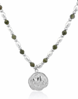 Epidote & Pearl Zodiac Coin Necklace Silver