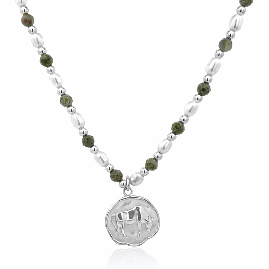 Epidote &amp; Pearl Zodiac Coin Necklace Silver