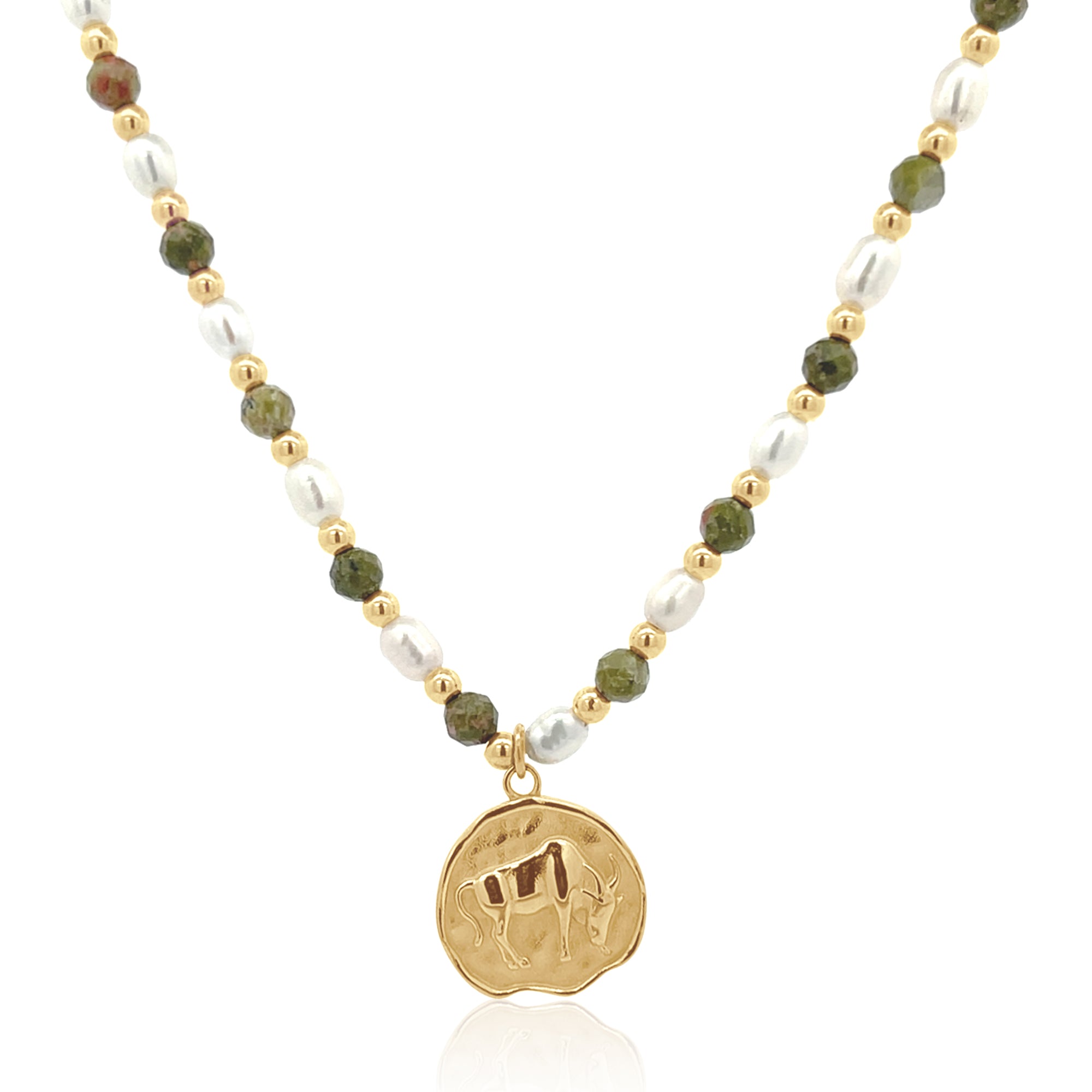 Epidote &amp; Pearl Zodiac Coin Necklace Gold