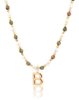 Epidote & Pearl Initial Necklace Gold A-Z