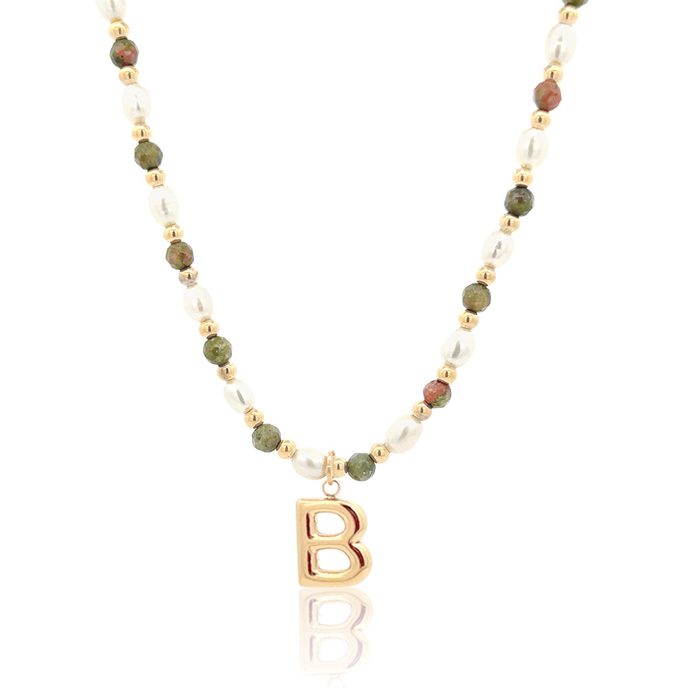 Epidote &amp; Pearl Initial Necklace Gold A-Z