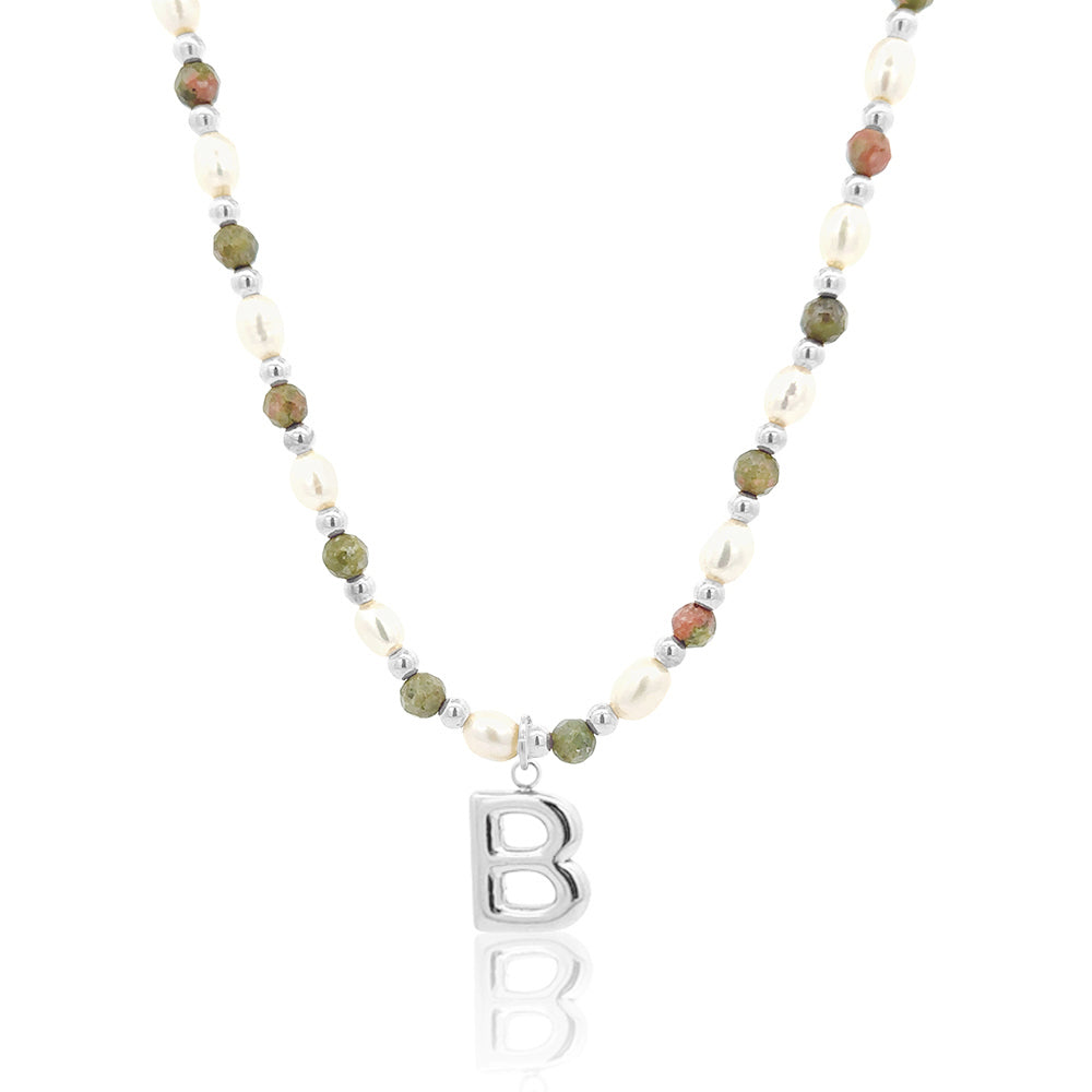 Epidote &amp; Pearl Initial Necklace Silver A-Z