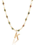 Epidote & Pearl Initial Necklace Gold A-Z