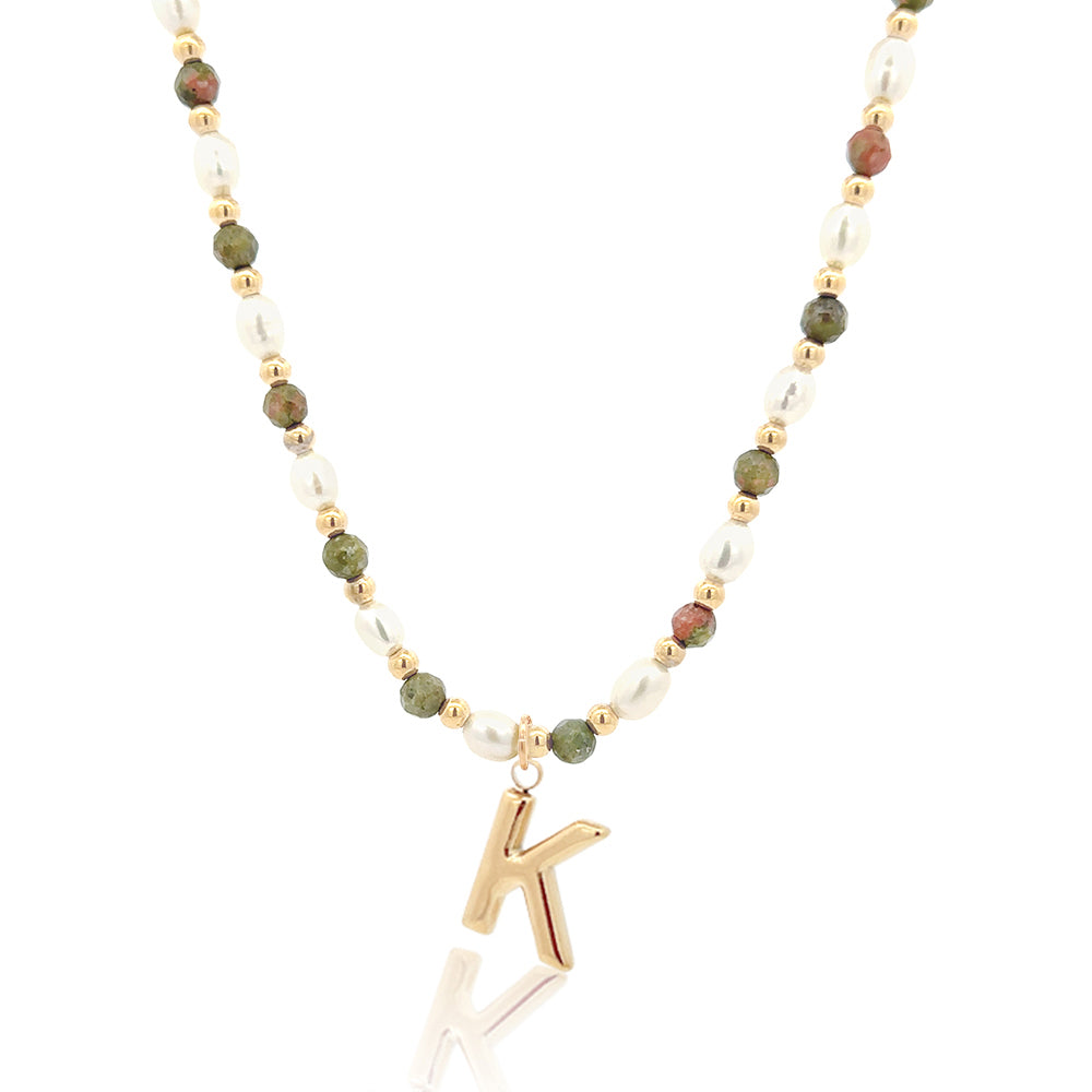 Epidote &amp; Pearl Initial Necklace Gold A-Z