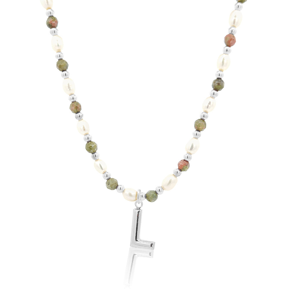 Epidote &amp; Pearl Initial Necklace Silver A-Z