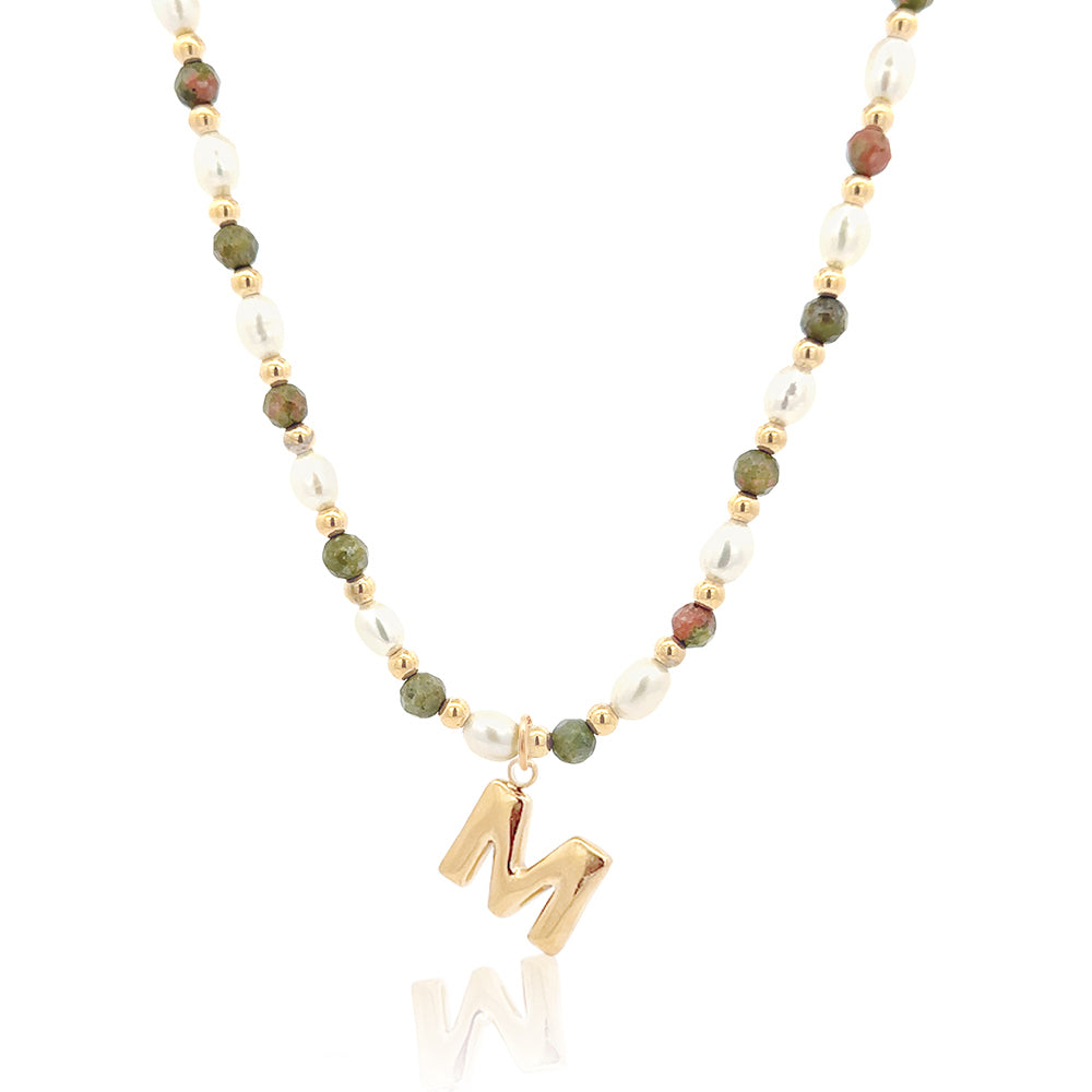 Epidote &amp; Pearl Initial Necklace Gold A-Z