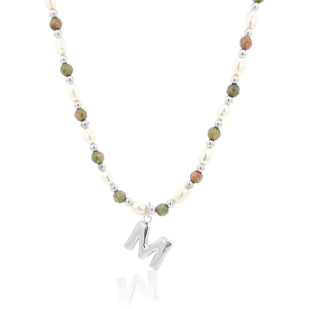 Epidote &amp; Pearl Initial Necklace Silver A-Z
