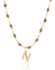 Epidote & Pearl Initial Necklace Gold A-Z