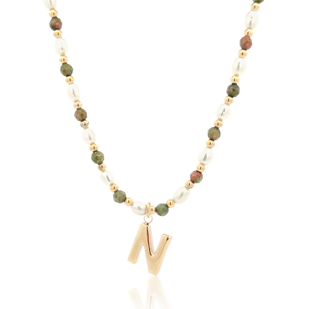 Epidote &amp; Pearl Initial Necklace Gold A-Z