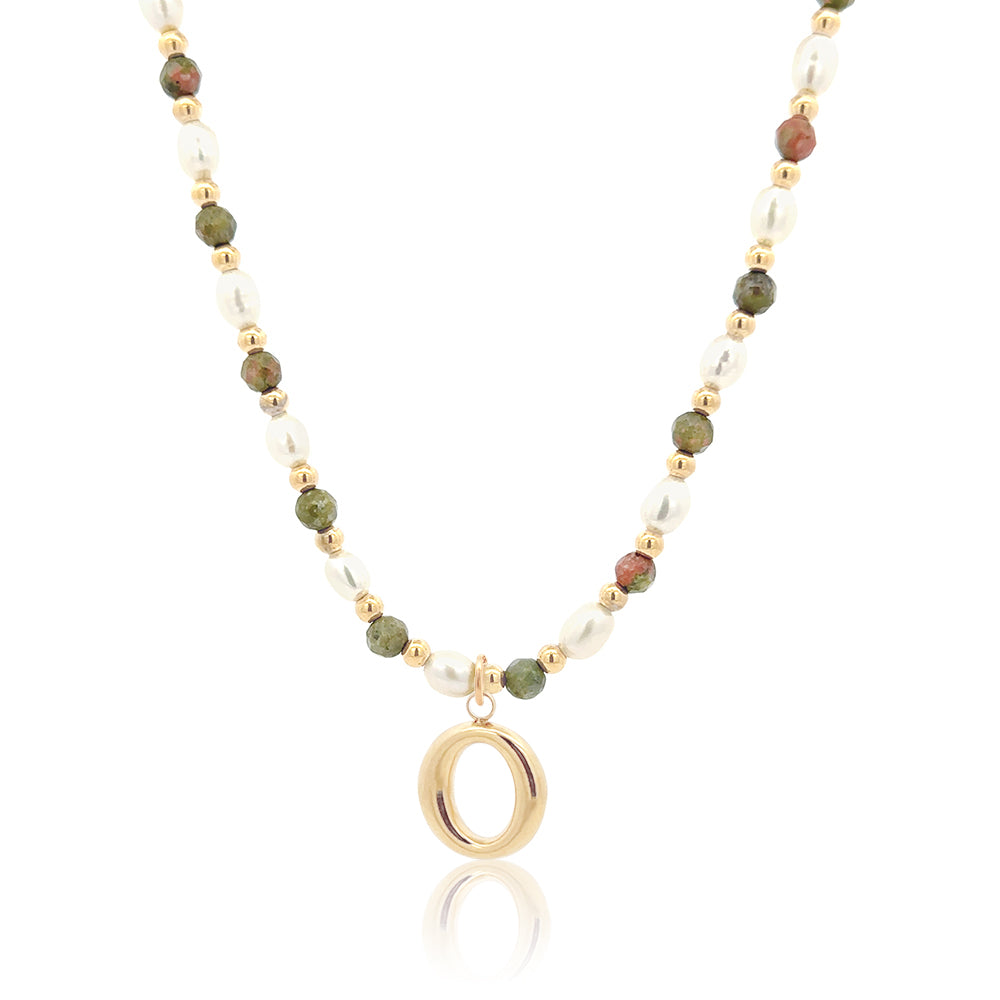 Epidote &amp; Pearl Initial Necklace Gold A-Z