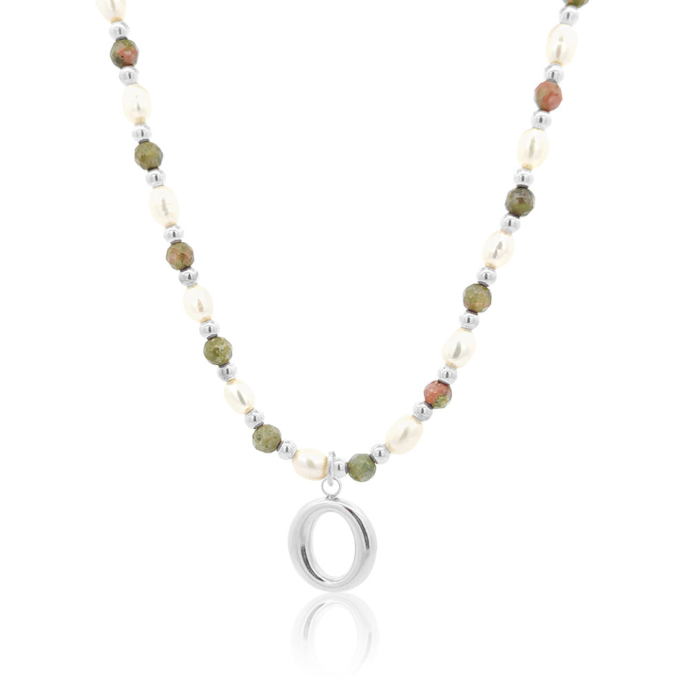Epidote &amp; Pearl Initial Necklace Silver A-Z