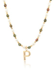 Epidote & Pearl Initial Necklace Gold A-Z