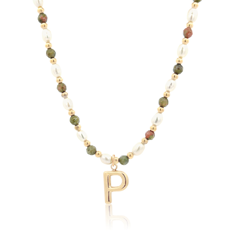 Epidote &amp; Pearl Initial Necklace Gold A-Z